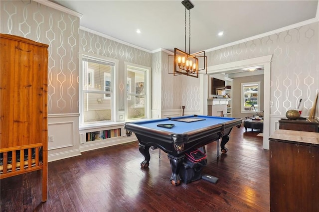 game room with crown molding, dark hardwood / wood-style floors, and billiards