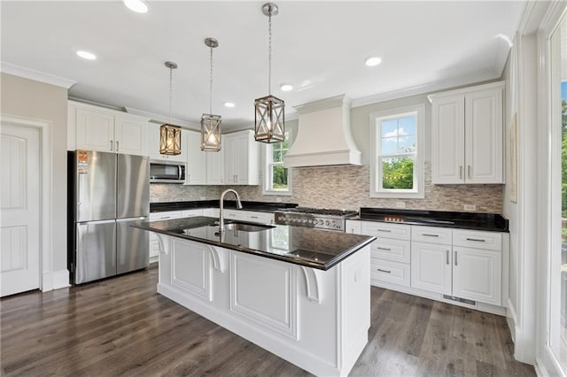 1656 Talking Rock Rd, Jasper, GA 30143 - kitchen with stainless steel appliances, custom exhaust hood, a sink, crown molding, and white cabinetry