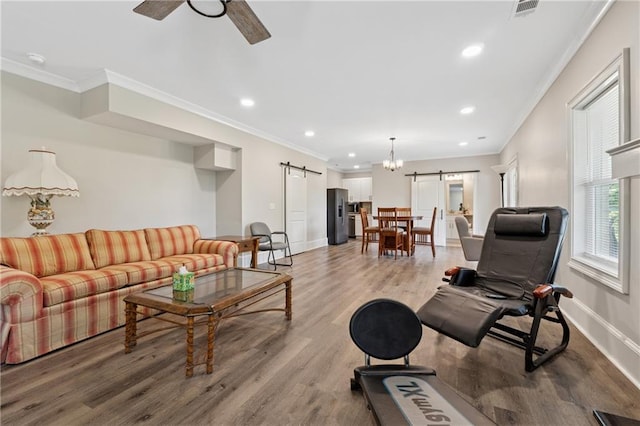 1656 Talking Rock Rd, Jasper, GA 30143 - living room featuring a barn door, light wood-style flooring, ceiling fan, baseboards, and recessed lighting