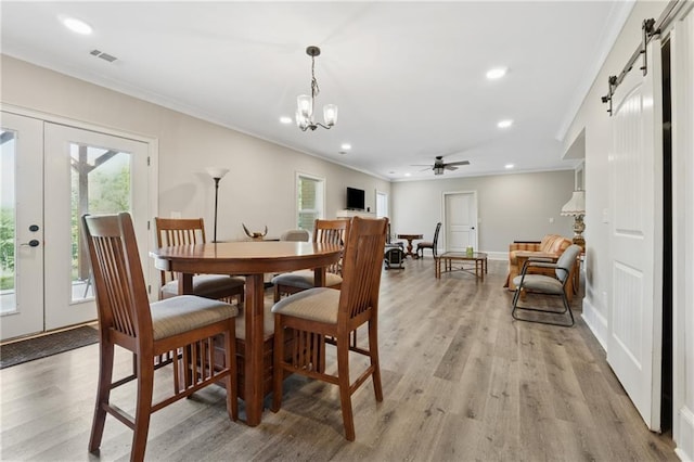 1656 Talking Rock Rd, Jasper, GA 30143 - dining space featuring ornamental molding, light wood-type flooring, plenty of natural light, recessed lighting, and ceiling fan