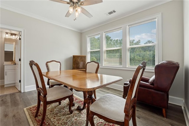 1656 Talking Rock Rd, Jasper, GA 30143 - dining area featuring a ceiling fan, wood finished floors, ornamental molding, and baseboards