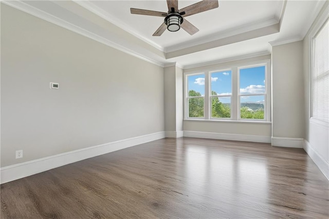 1656 Talking Rock Rd, Jasper, GA 30143 - empty room featuring wood finished floors, a tray ceiling, ornamental molding, ceiling fan, and baseboards