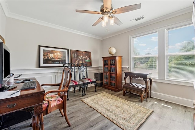 1656 Talking Rock Rd, Jasper, GA 30143 - office area with wood finished floors, crown molding, ceiling fan, and baseboards
