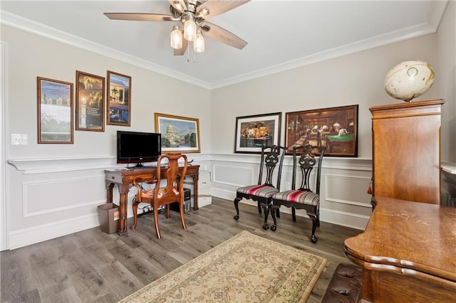 1656 Talking Rock Rd, Jasper, GA 30143 - office area with wood finished floors, crown molding, ceiling fan, a wainscoted wall, and a decorative wall