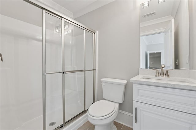 1656 Talking Rock Rd, Jasper, GA 30143 - full bath featuring a stall shower, toilet, ornamental molding, vanity, and tile patterned floors