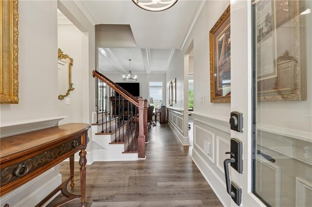 1656 Talking Rock Rd, Jasper, GA 30143 - entryway with stairs, coffered ceiling, dark wood-style floors, crown molding, and beam ceiling