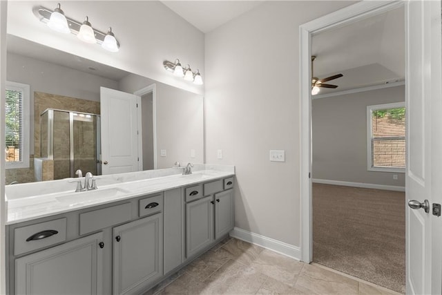 427 Dawson Pointe Pkwy, Dawsonville, GA 30534 - bathroom with a shower stall, a ceiling fan, baseboards, and double vanity