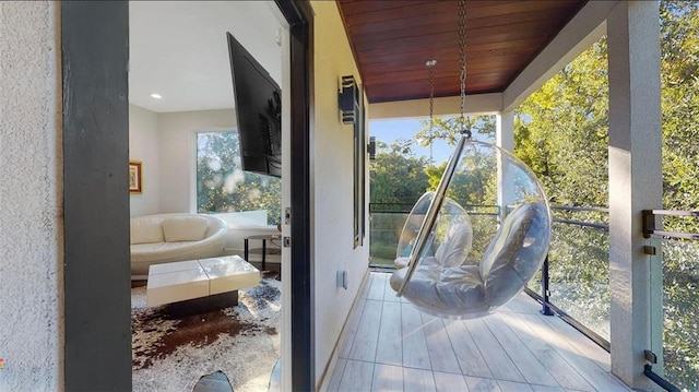 interior space featuring wood ceiling