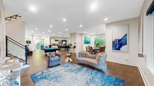 living area with billiards, baseboards, stairway, wood finished floors, and recessed lighting