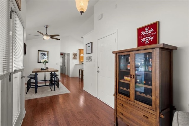 hallway featuring wood-type flooring and lofted ceiling