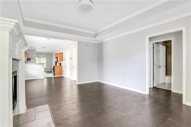 2005 Chicago Ave NW, Atlanta, GA 30314 - unfurnished living room featuring dark wood finished floors, crown molding, a fireplace, and a chandelier