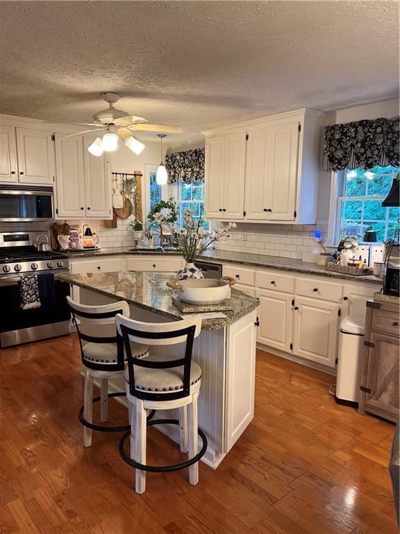 227 Bennett Farms Trl, Acworth, GA 30102 - kitchen with appliances with stainless steel finishes, a textured ceiling, ceiling fan, white cabinetry, and tasteful backsplash