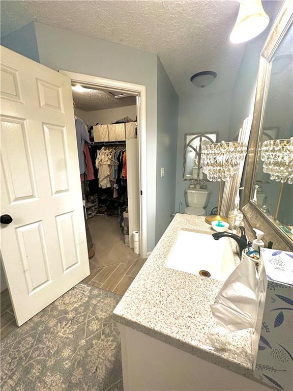 227 Bennett Farms Trl, Acworth, GA 30102 - bathroom featuring vanity, a spacious closet, and a textured ceiling