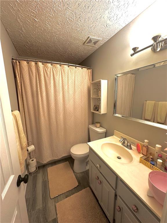 227 Bennett Farms Trl, Acworth, GA 30102 - bathroom with double vanity, wood finished floors, a textured ceiling, and a shower with shower curtain