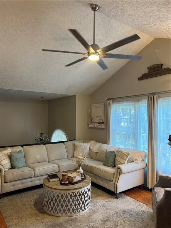 227 Bennett Farms Trl, Acworth, GA 30102 - living room with wood finished floors, a textured ceiling, a ceiling fan, and lofted ceiling