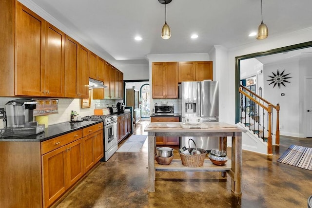 2295 Hemrick Rd, Cumming, GA 30041 - kitchen featuring appliances with stainless steel finishes, finished concrete floors, open shelves, tasteful backsplash, and under cabinet range hood