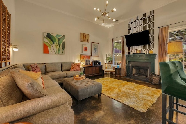 2295 Hemrick Rd, Cumming, GA 30041 - living area featuring a chandelier, ornamental molding, and a fireplace with flush hearth