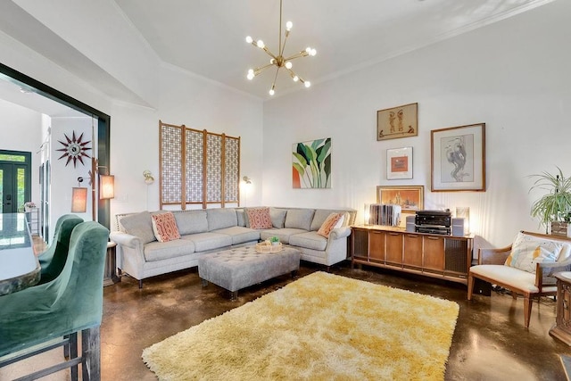 2295 Hemrick Rd, Cumming, GA 30041 - living room with concrete flooring, a chandelier, and ornamental molding