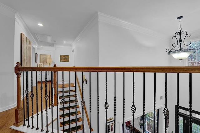 2295 Hemrick Rd, Cumming, GA 30041 - hall with attic access, ornamental molding, recessed lighting, wood finished floors, and baseboards