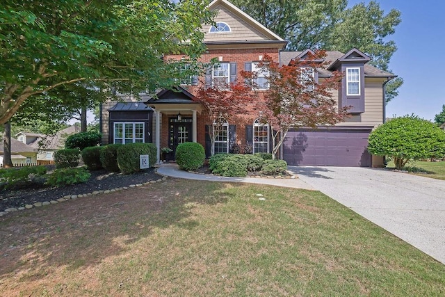 2295 Hemrick Rd, Cumming, GA 30041 - view of front of house with brick siding, concrete driveway, a garage, and a front lawn