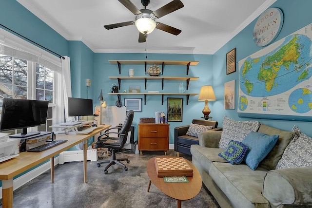 2295 Hemrick Rd, Cumming, GA 30041 - office with concrete flooring, ceiling fan, and crown molding