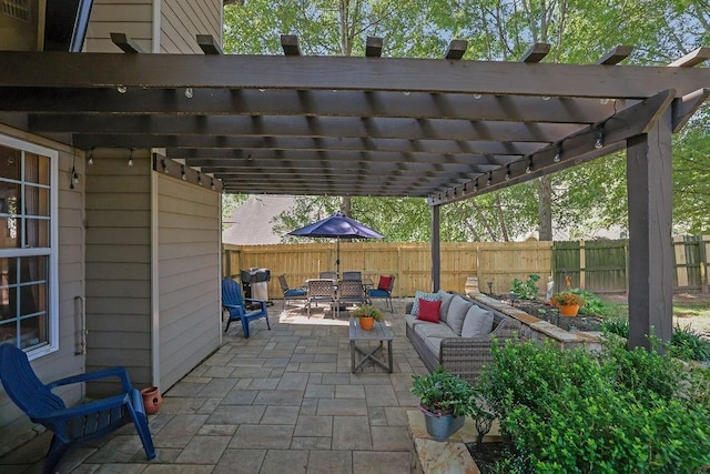 2295 Hemrick Rd, Cumming, GA 30041 - fenced backyard with outdoor lounge area, a patio, a pergola, and outdoor dining space