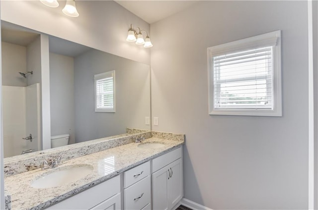 bathroom with vanity, toilet, and a shower