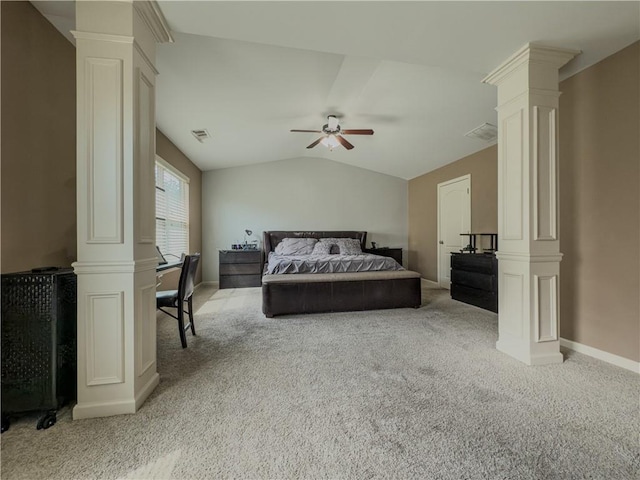 3318 Sardis Bend Dr, Buford, GA 30519 - bedroom featuring ornate columns, light carpet, vaulted ceiling, baseboards, and ceiling fan
