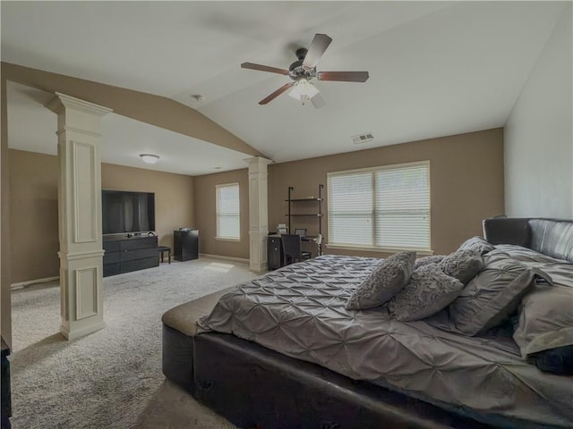 3318 Sardis Bend Dr, Buford, GA 30519 - carpeted bedroom with ornate columns, lofted ceiling, ceiling fan, and baseboards