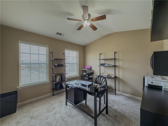 3318 Sardis Bend Dr, Buford, GA 30519 - office with ceiling fan, baseboards, light carpet, and lofted ceiling