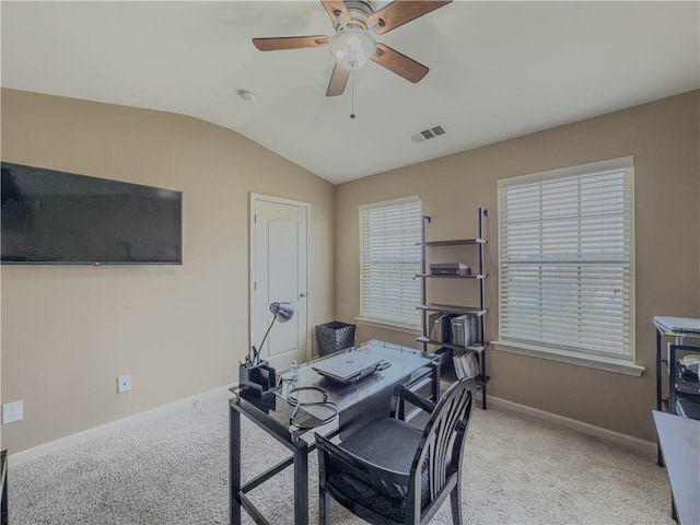 3318 Sardis Bend Dr, Buford, GA 30519 - office space with vaulted ceiling, a ceiling fan, light carpet, and baseboards