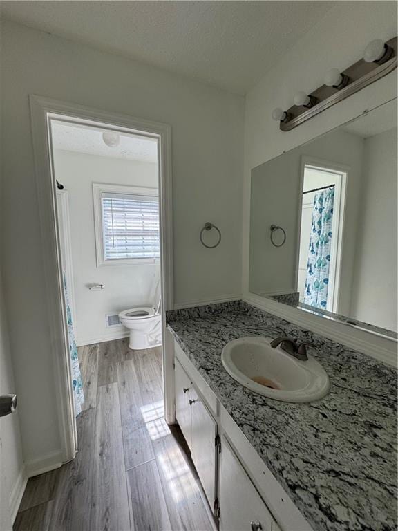 bathroom with vanity, hardwood / wood-style floors, a textured ceiling, and toilet