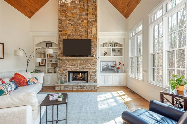 living area featuring wood finished floors, a stone fireplace, high vaulted ceiling, wood ceiling, and built in shelves
