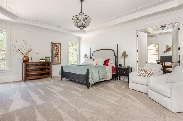 bedroom with crown molding, multiple windows, and light carpet