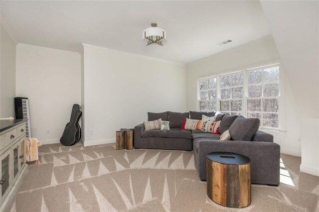 living room with crown molding, carpet floors, baseboards, and visible vents