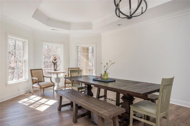 dining room with baseboards, ornamental molding, wood finished floors, and a raised ceiling