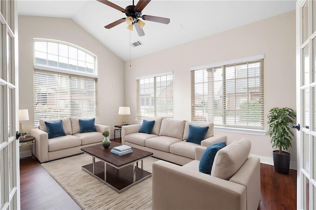 120 Chastain Rd NW Unit 1204, Kennesaw, GA 30144 - living area with high vaulted ceiling, baseboards, ceiling fan, visible vents, and wood finished floors
