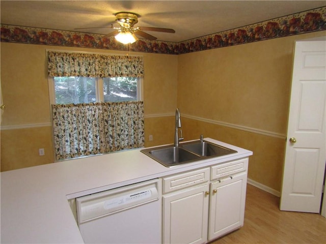 5820 Elm Tree Dr, Buford, GA 30518 - kitchen featuring dishwasher, a ceiling fan, white cabinetry, light countertops, and light wood-style flooring