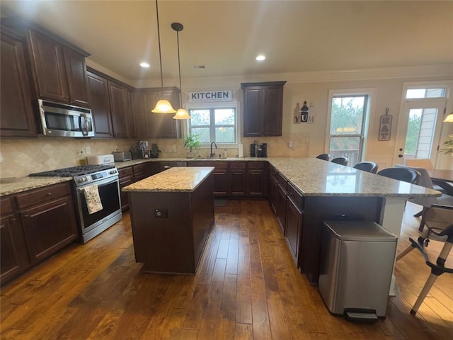 kitchen featuring decorative backsplash, a peninsula, dark wood-style floors, and stainless steel appliances