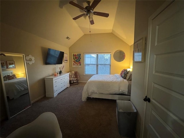 carpeted bedroom with lofted ceiling, a ceiling fan, visible vents, and baseboards