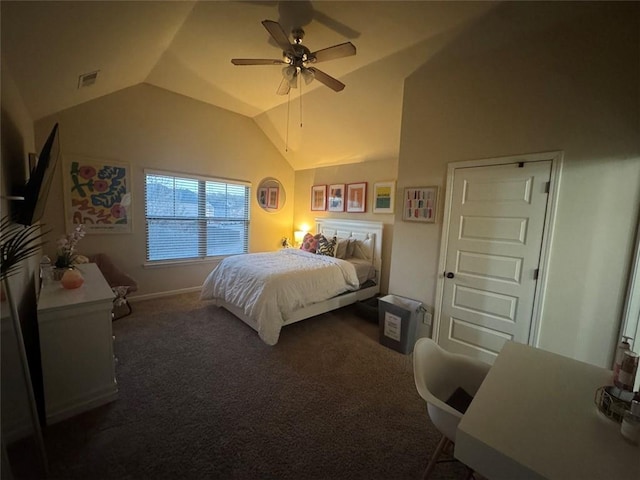 carpeted bedroom featuring visible vents, lofted ceiling, baseboards, and ceiling fan