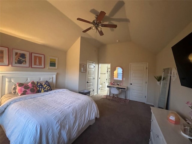 bedroom with vaulted ceiling, carpet flooring, a ceiling fan, and ensuite bathroom