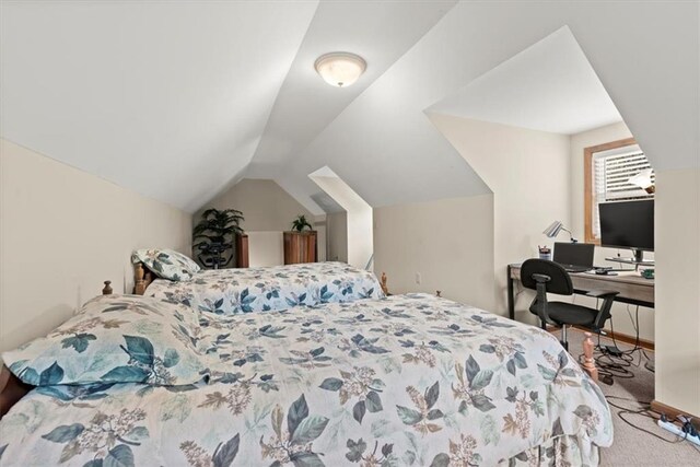 bedroom with carpet floors and vaulted ceiling