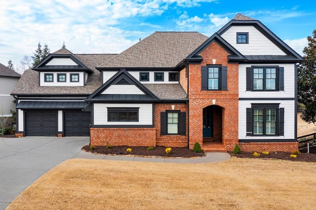 view of front of property featuring driveway, a garage, brick siding, roof with shingles, and a front yard