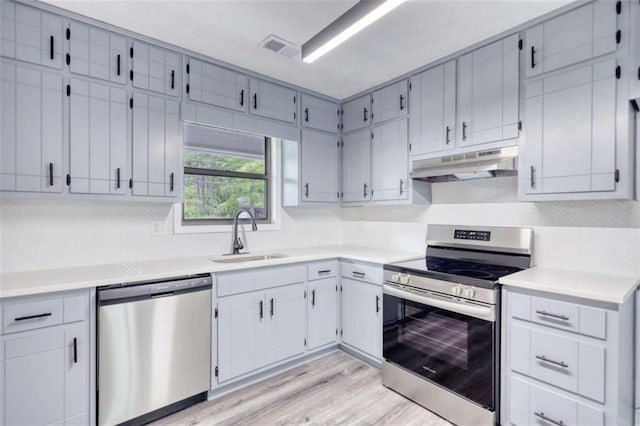 2931 Randolph Ct, Conyers, GA 30012 - kitchen featuring appliances with stainless steel finishes, under cabinet range hood, a sink, light wood-style floors, and light countertops
