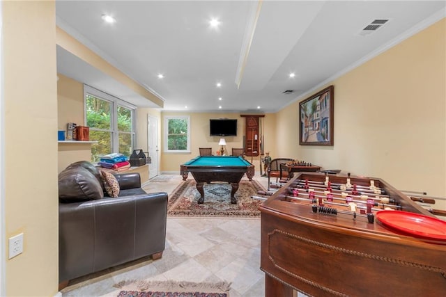 rec room with crown molding and pool table