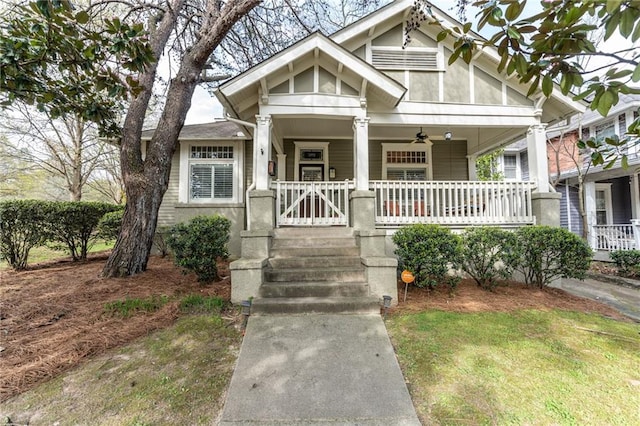 view of front of property with a porch and ceiling fan