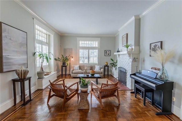 living area with a fireplace, crown molding, and parquet flooring