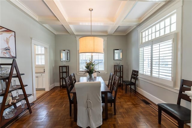 dining room with coffered ceiling, a healthy amount of sunlight, and dark parquet floors