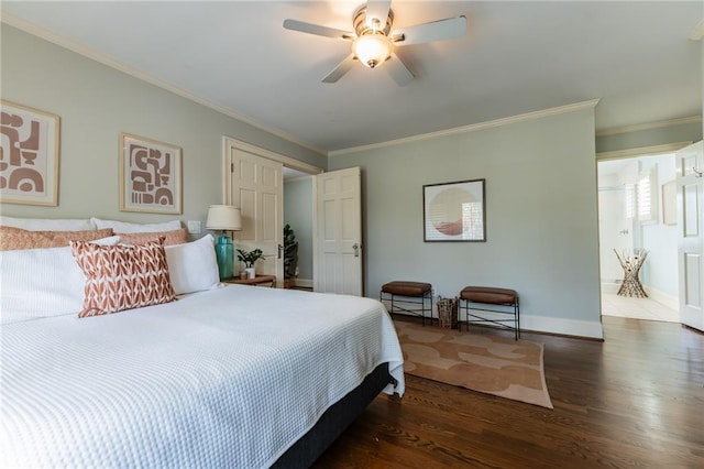 bedroom with ceiling fan, hardwood / wood-style flooring, and ornamental molding